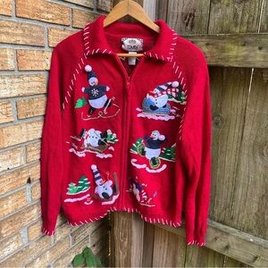 Tiara Red Festive Christmas Holiday Cardigan w/ Embroidered Snowmen